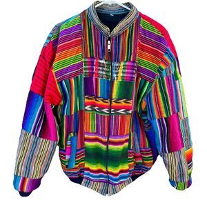 EUC Vintage Guatemalan Bomber Jacket Textile Patchwork Boho Serape Lined Sz. L